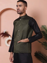 Woven Design Nehru Jacket for Men-JOWC-4101Olive